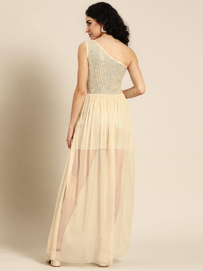 Beige One-Shoulder Sequin Mesh Overlay Party Dress