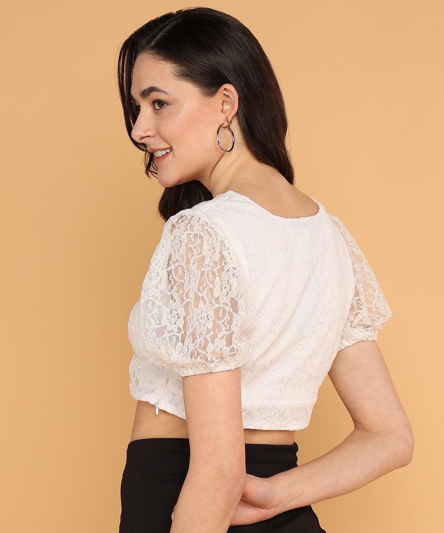 White Lace Puff Sleeve Crop Top for Women with V-Neck