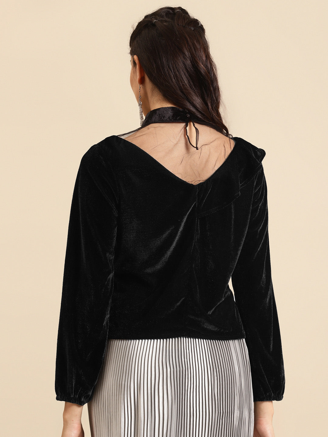 Black Velvet Choker Neck Ruffle Top for Women | Stylish Partywear Blouse