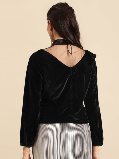 Black Velvet Choker Neck Ruffle Top for Women | Stylish Partywear Blouse