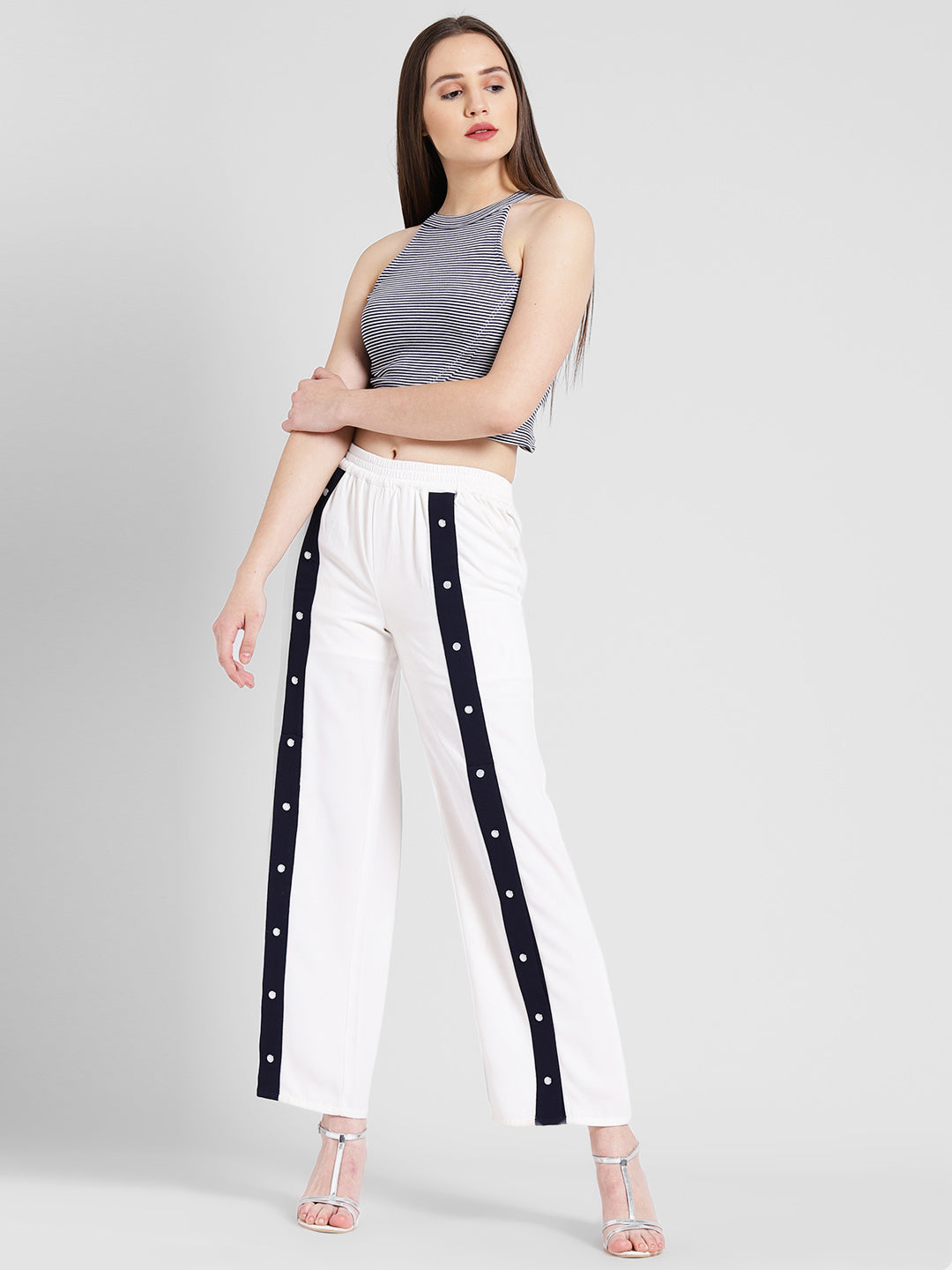 Women's White Track Style Pants with Navy Blue Side Button Detail – Casual Sporty Look