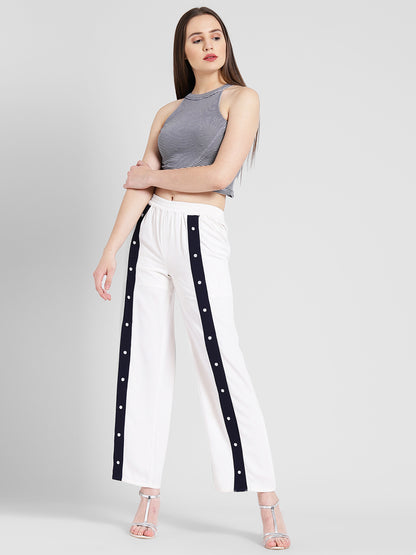 Women's White Track Style Pants with Navy Blue Side Button Detail – Casual Sporty Look