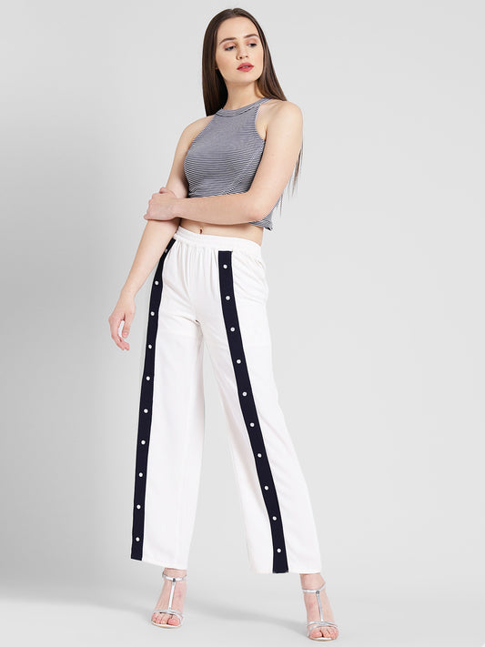 Women's White Track Style Pants with Navy Blue Side Button Detail – Casual Sporty Look