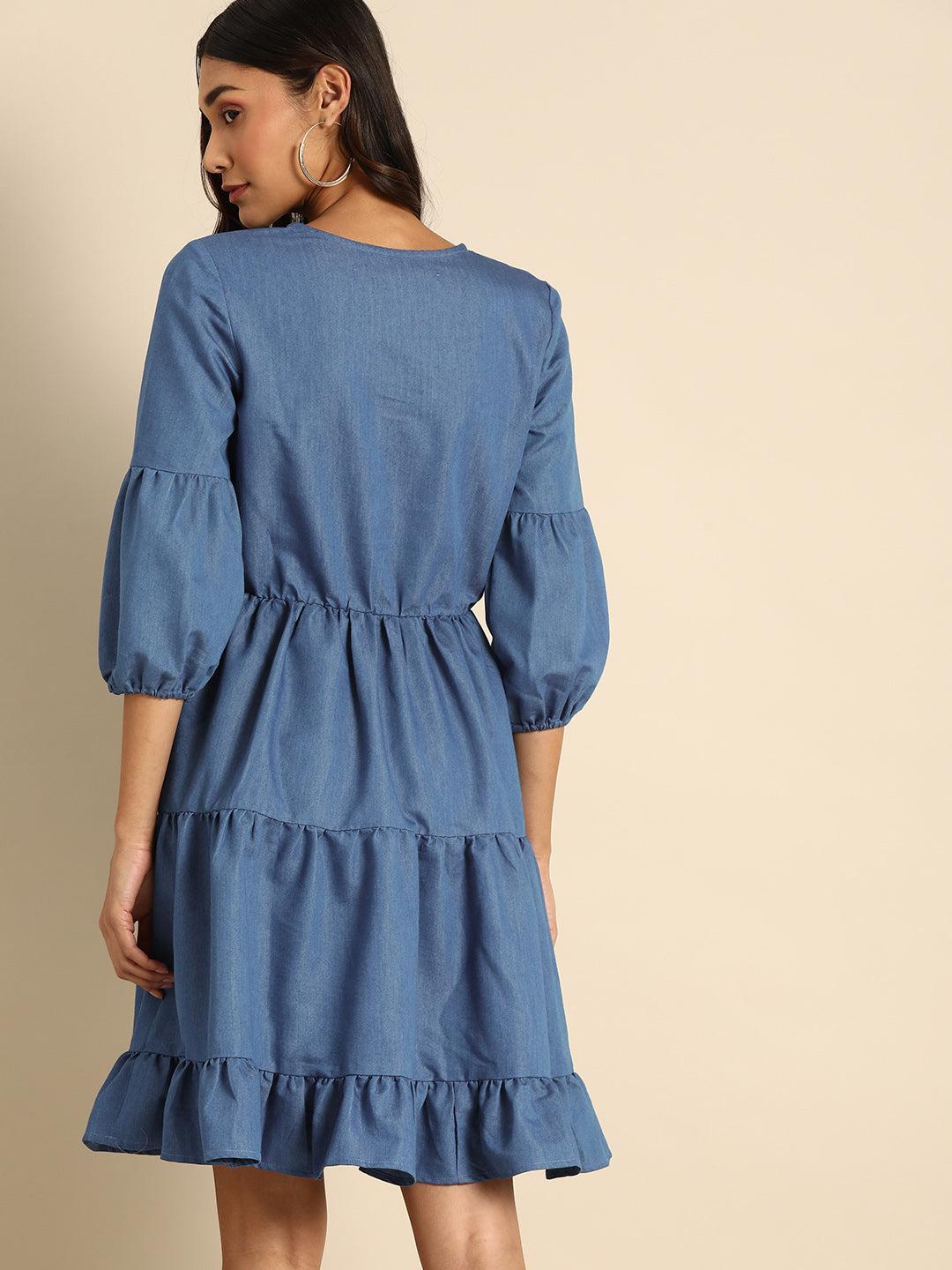 Blue Denim Tiered Mini Dress for Women with V-Neck and Ruffle Hem