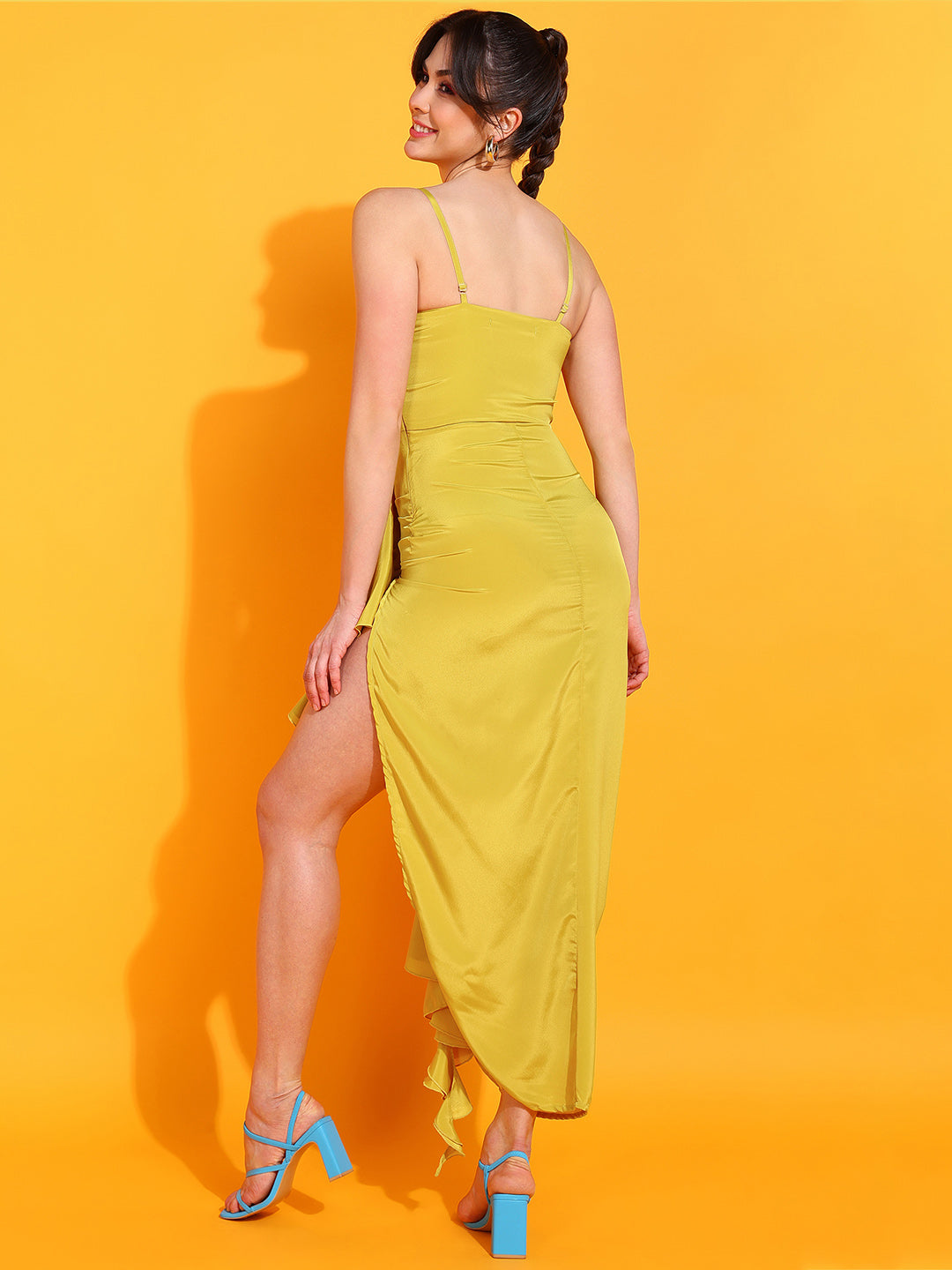 Green Satin Asymmetric Ruffle Dress for Women Spaghetti Strap High Slit