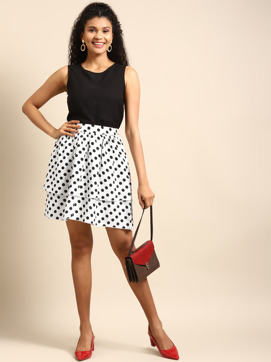 Women's White & Black Polka Dot Tiered Mini Skirt