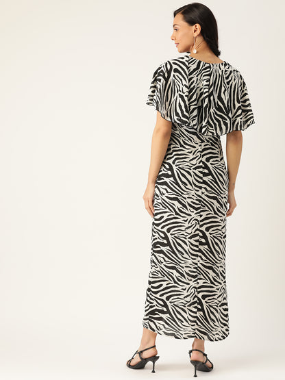 Women's Black & White Zebra Print Maxi Dress V-Neck Slit Dress for Casual & Party Wear