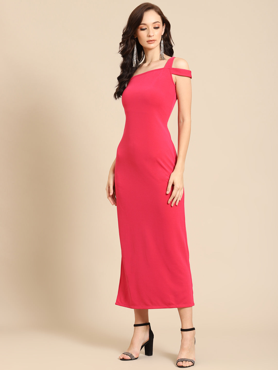Stylish Pink Bodycon Midi Dress with Shoulder Straps – Elegant Evening & Party Wear
