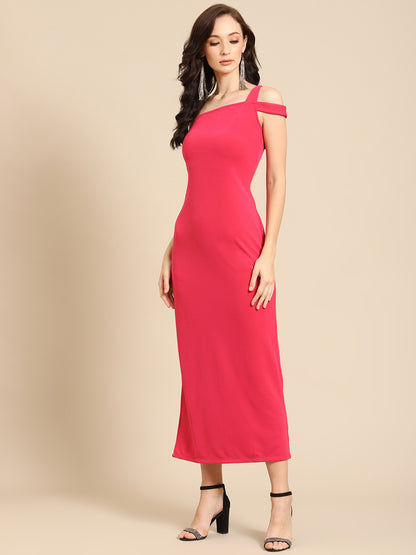 Stylish Pink Bodycon Midi Dress with Shoulder Straps – Elegant Evening & Party Wear