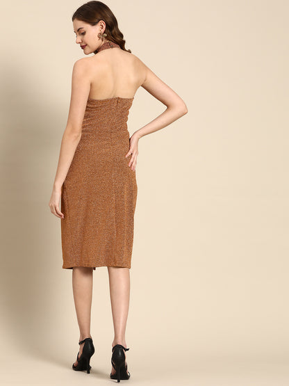 Women's Brown Shimmer Bodycon Dress with Slit and Cut-Out Design