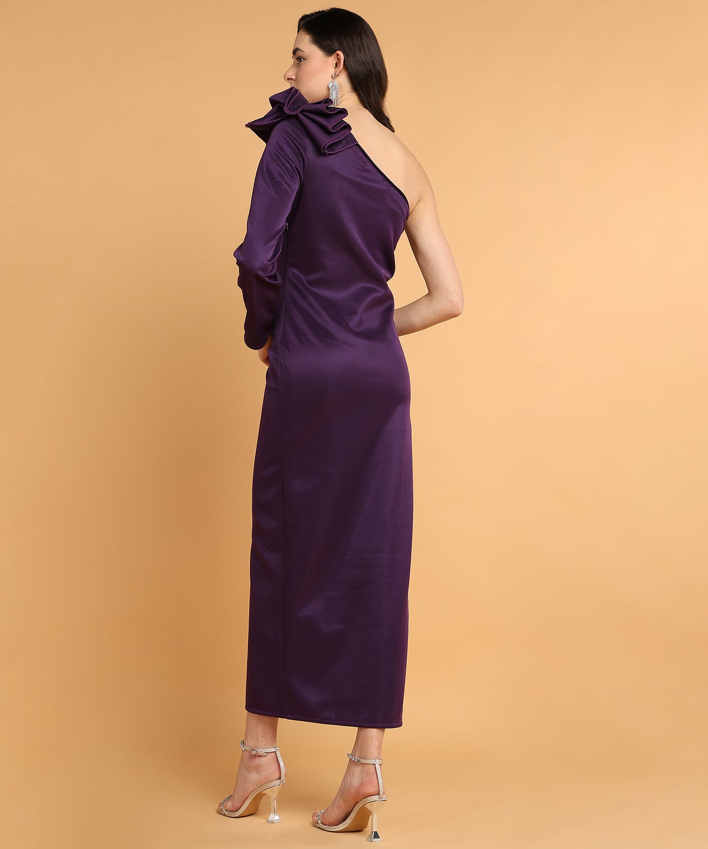 Purple One Shoulder Satin Bodycon Midi Dress with Dramatic Bow Sleeve for Women