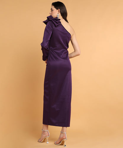 Purple One Shoulder Satin Bodycon Midi Dress with Dramatic Bow Sleeve for Women