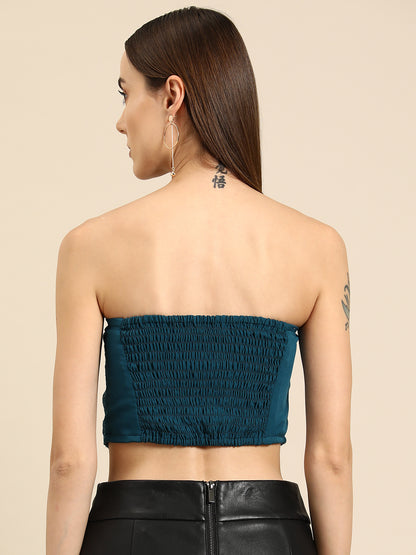 Teal Sequin Strapless Crop Top with Floral Detailing for Women