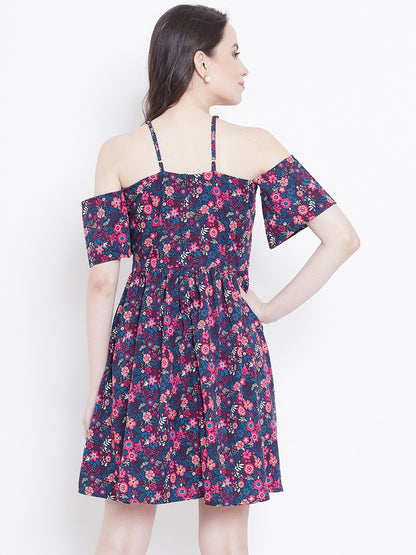 Cold Shoulder Navy Blue Floral Dress with Spaghetti Straps