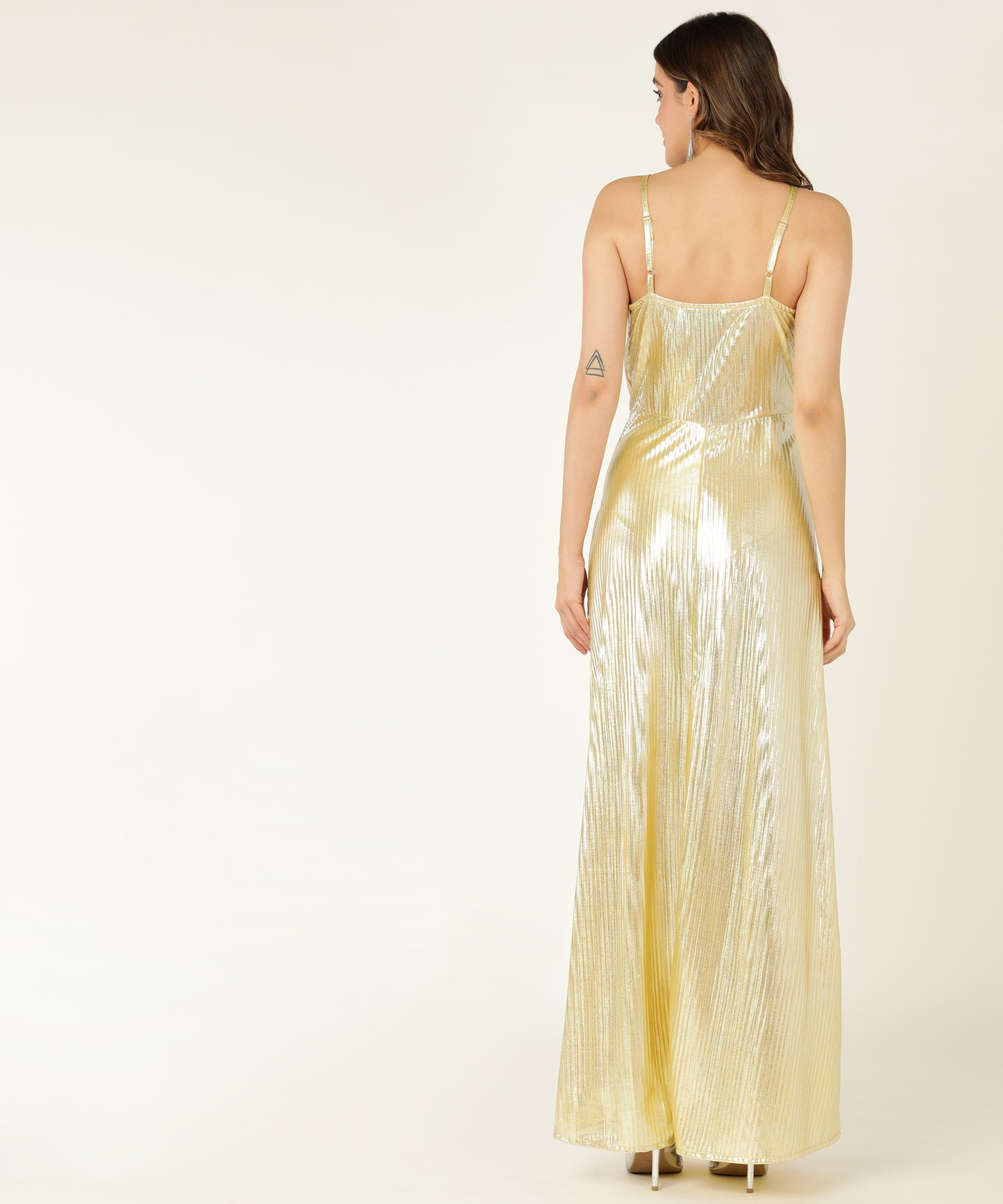 Elegant Gold Metallic Pleated Dress with V-Neck and Spaghetti Straps