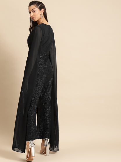 Black Sequin Cape Sleeve Jumpsuit for Women – Stylish Evening & Party Wear