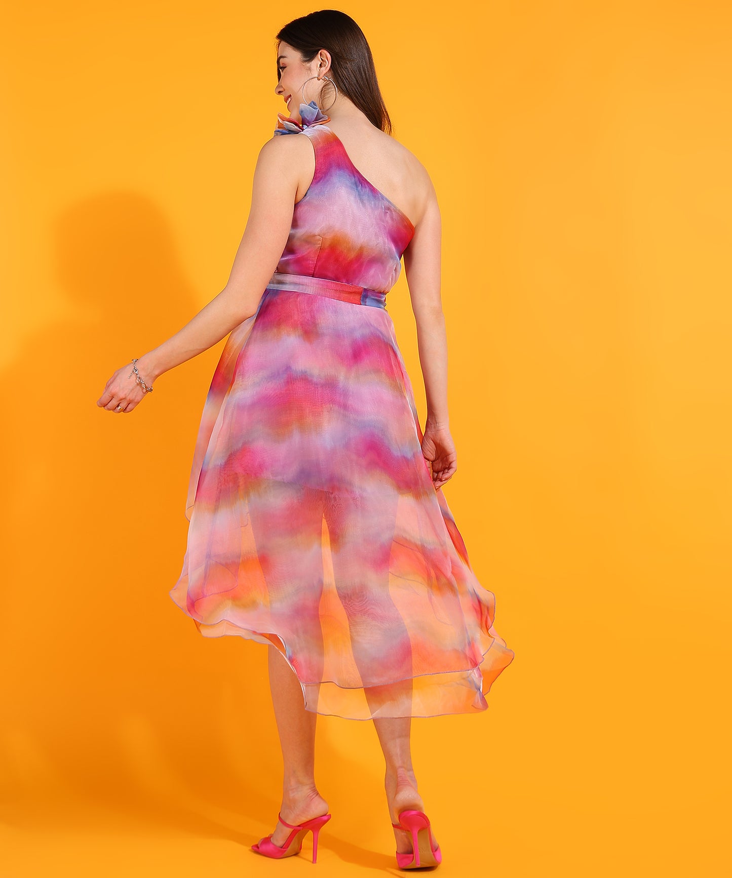 Multicolor One Shoulder High Low Dress | Elegant Party Wear Dress for Women