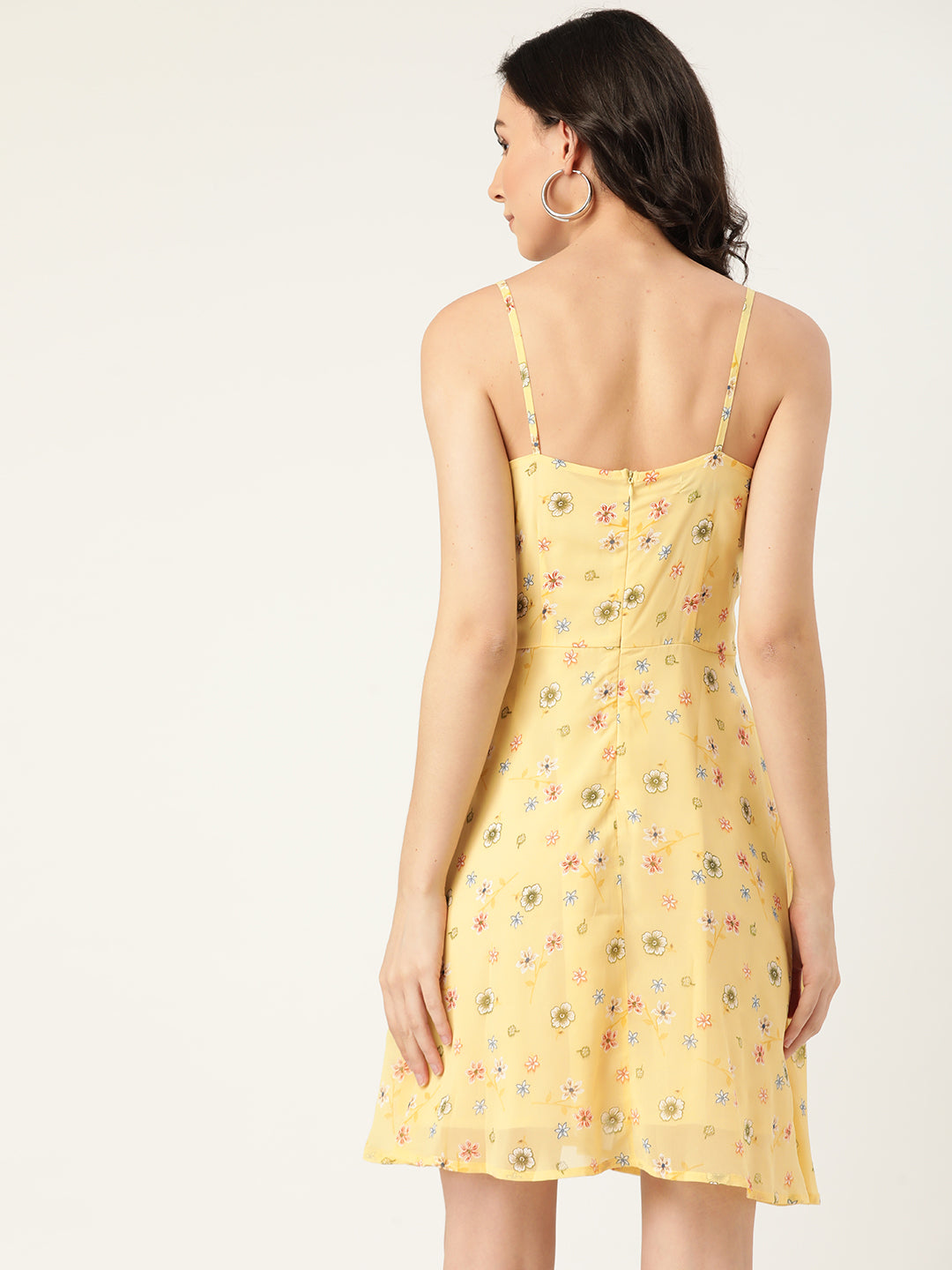 Yellow Floral Print Sleeveless A-Line Dress