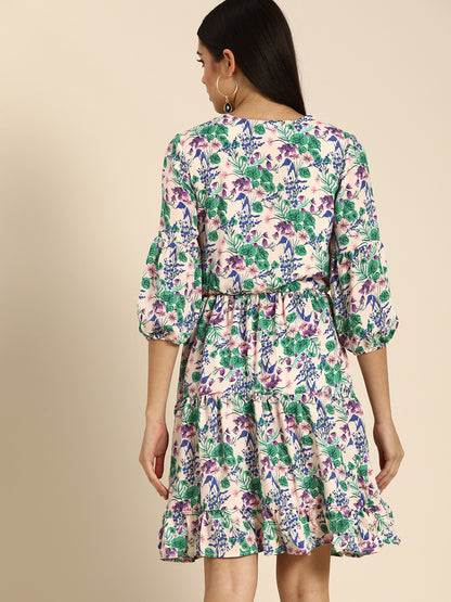 Multicolor Floral Printed Mini Dress with Puff Sleeves – Casual & Summer Wear