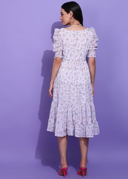 Women’s White Floral Puff Sleeve Tiered Midi Dress