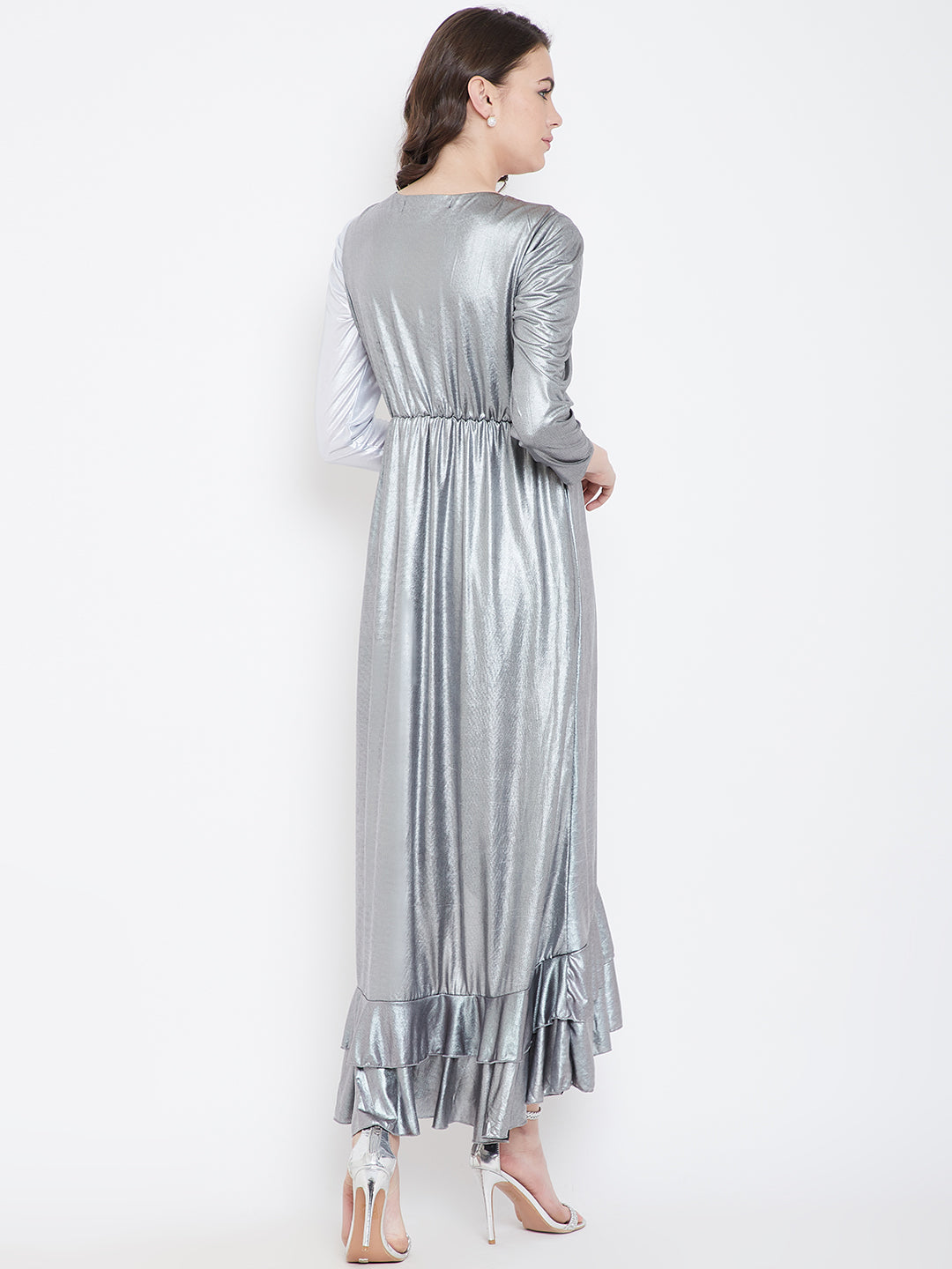 Metallic Silver High-Low Ruffle Dress with V-Neck and Full Sleeves