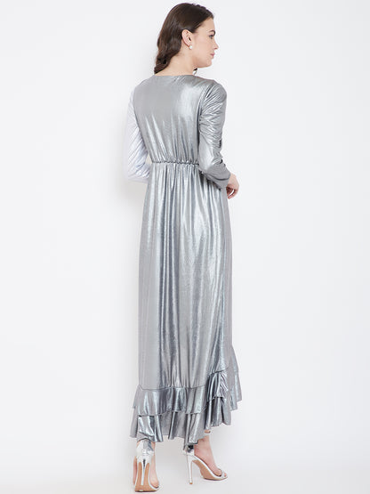 Metallic Silver High-Low Ruffle Dress with V-Neck and Full Sleeves