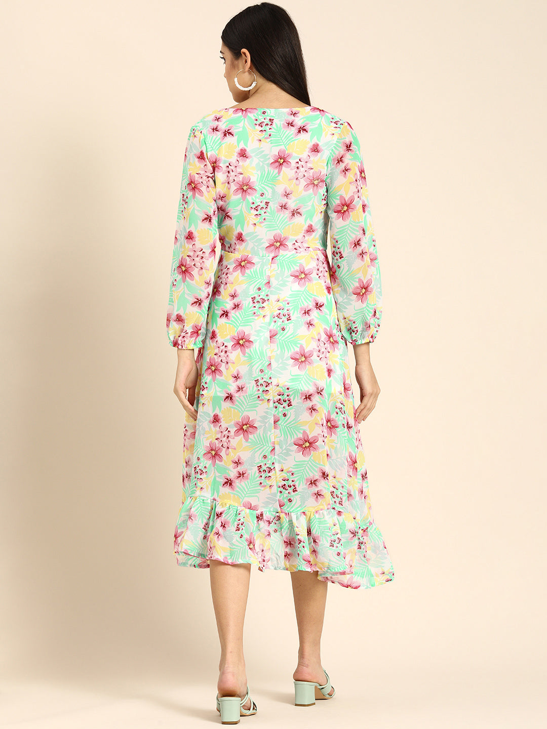 Tropical Mint Green Floral Wrap Dress with Ruffle Hem Vacation-Ready Midi Dress
