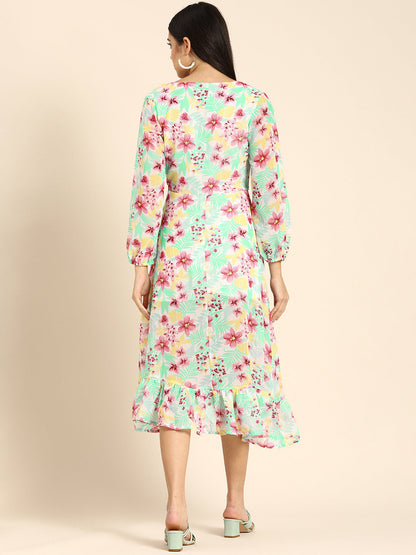 Tropical Mint Green Floral Wrap Dress with Ruffle Hem Vacation-Ready Midi Dress