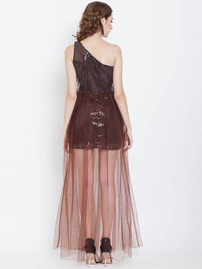 One Shoulder Sequin Brown Dress with Sheer Net Overlay