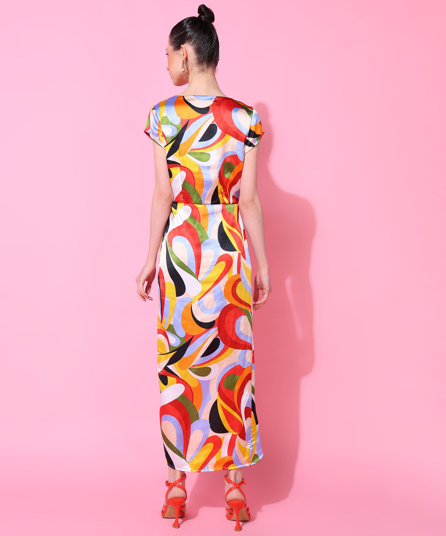 Multicolor Abstract Print Ruched High Slit Wrap Dress for Women