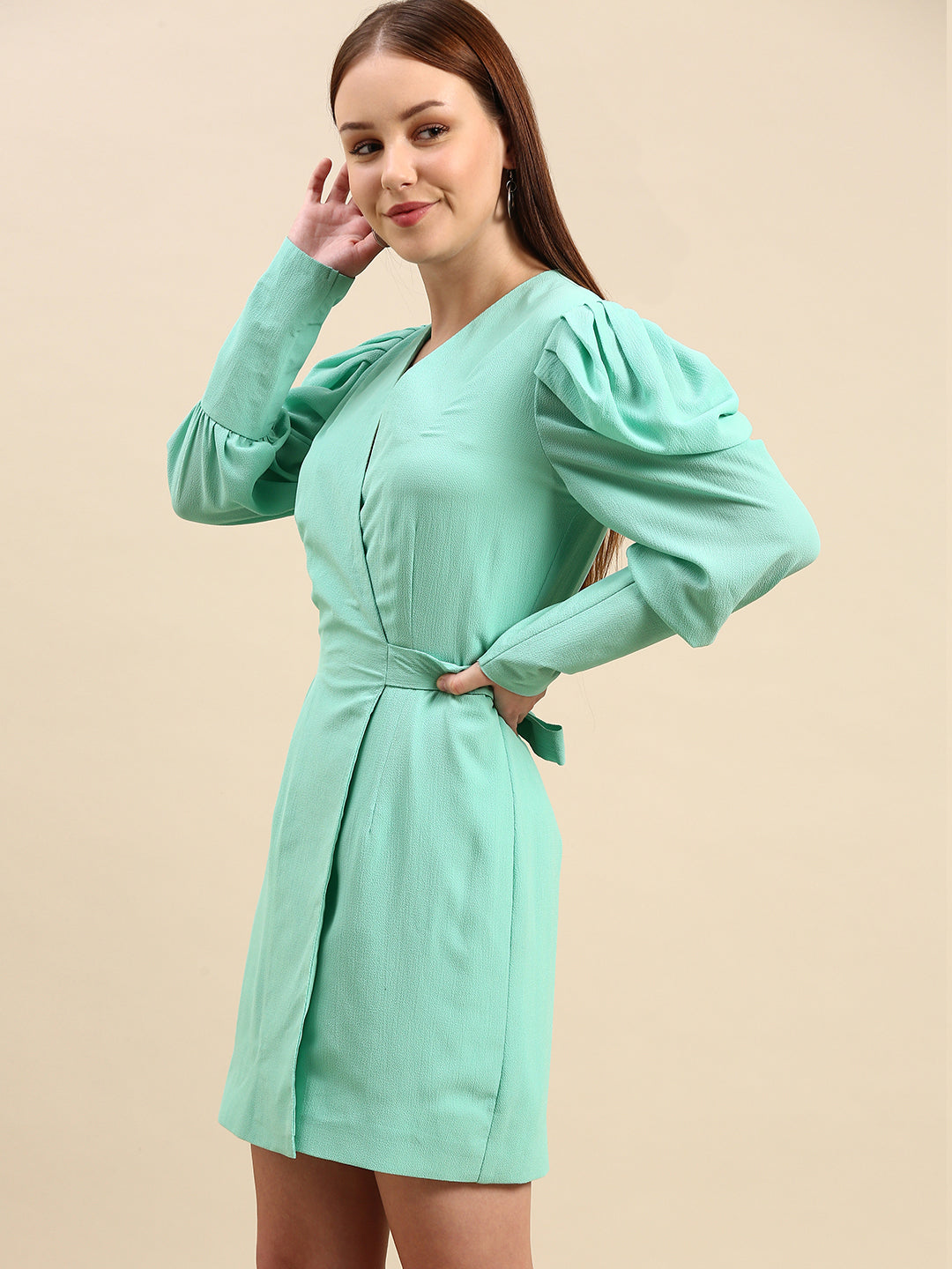 Mint Green Puff Sleeve Wrap Dress for Women - V-Neck, Short Casual Dress