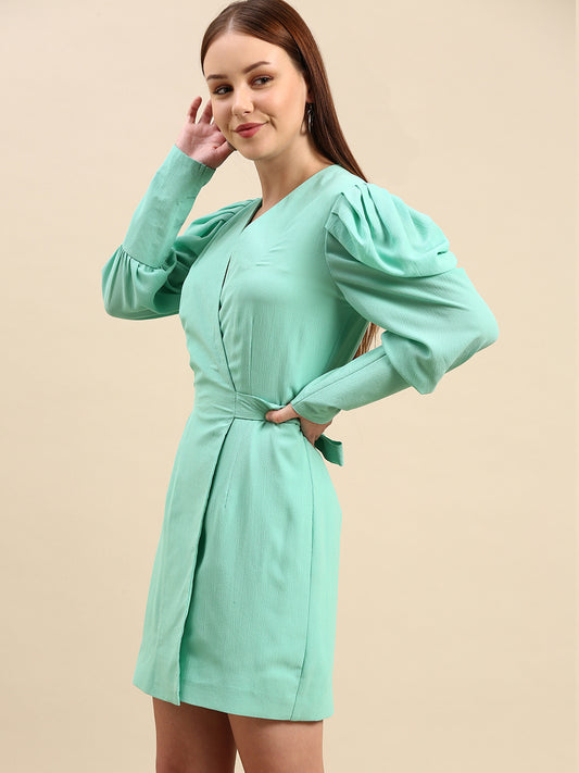 Mint Green Puff Sleeve Wrap Dress for Women - V-Neck, Short Casual Dress