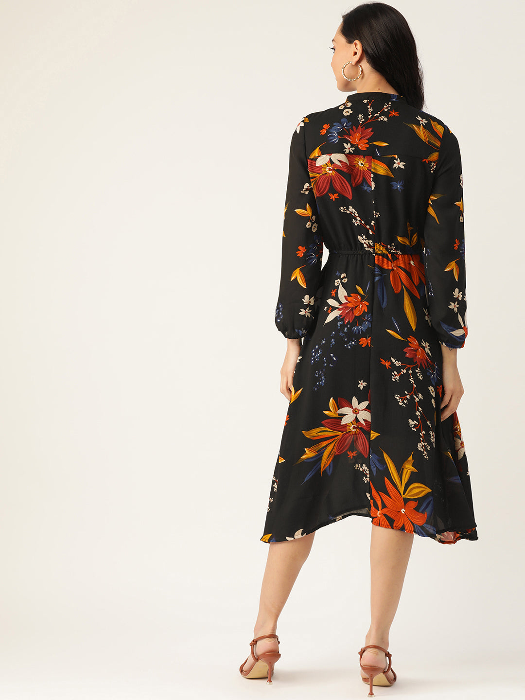 Women's Black Floral Midi Dress with Long Sleeves and Fit-and-Flare Design
