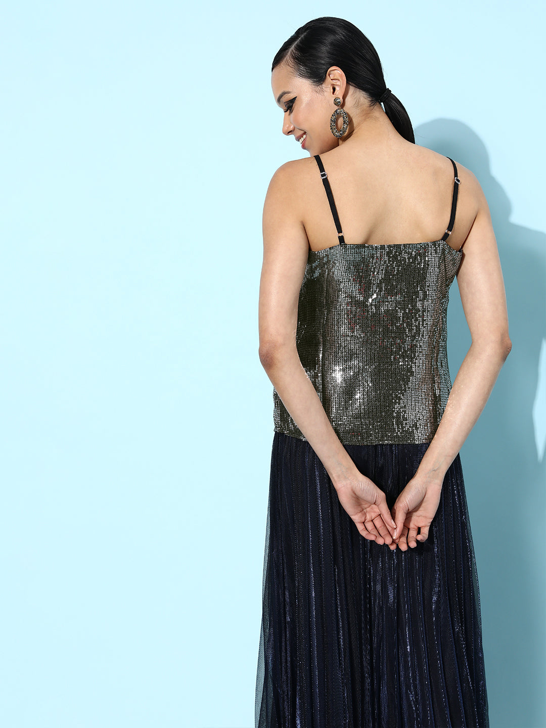 Stylish Black Sequin Spaghetti Strap Top for Women | Party Wear Glam Look