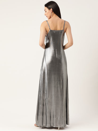 Silver Metallic Sleeveless Maxi Dress for Women