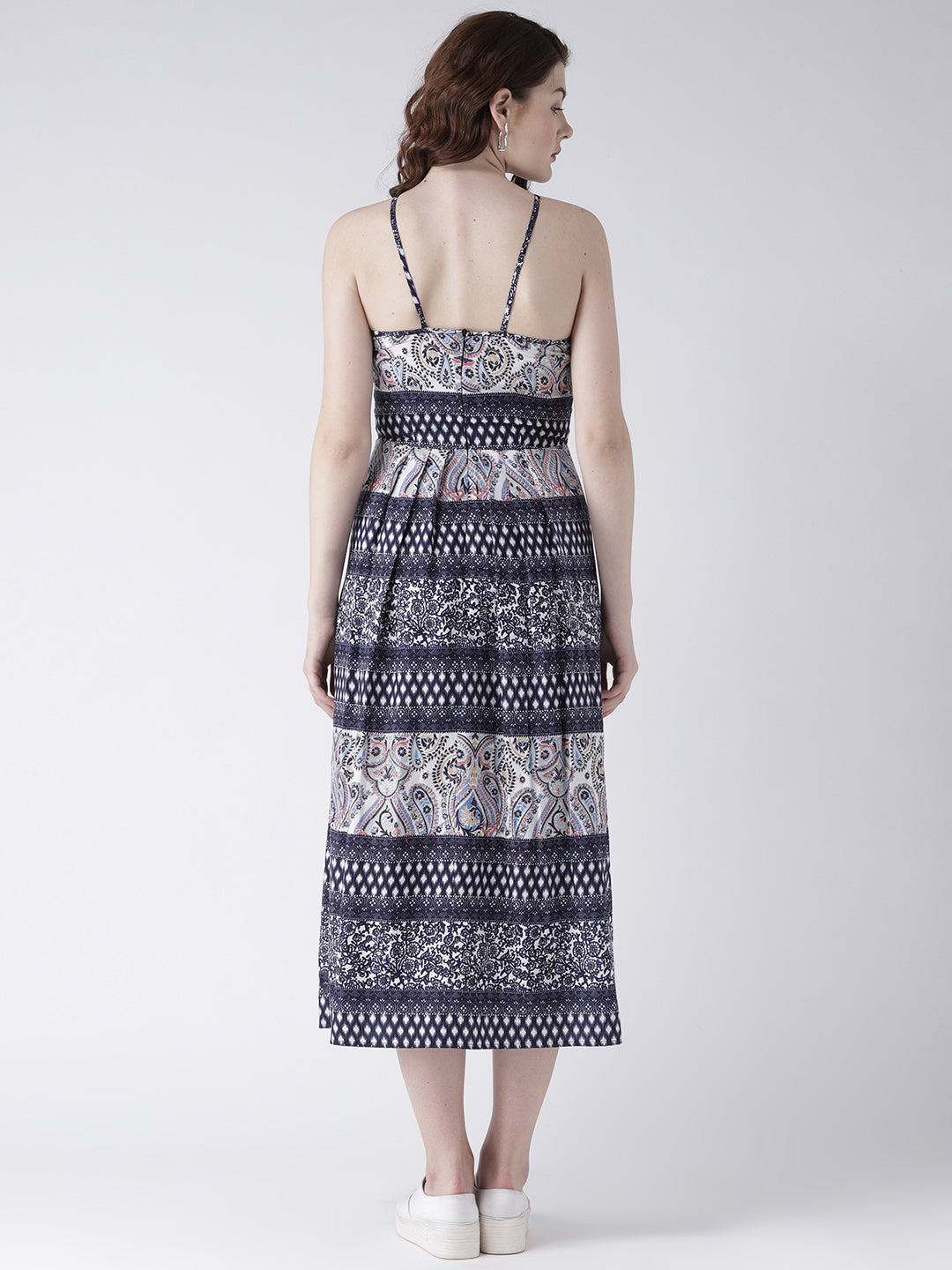 Women's Blue Ethnic Print Sleeveless High Neck Midi Dress
