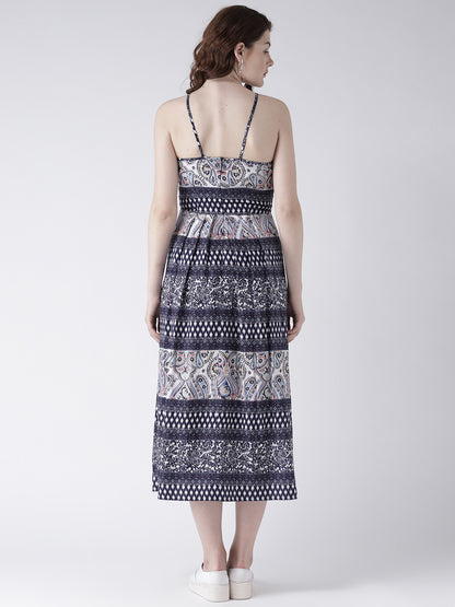Women's Blue Ethnic Print Sleeveless High Neck Midi Dress
