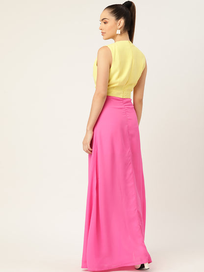 Yellow and Pink Colorblock Sleeveless Maxi Dress for Women