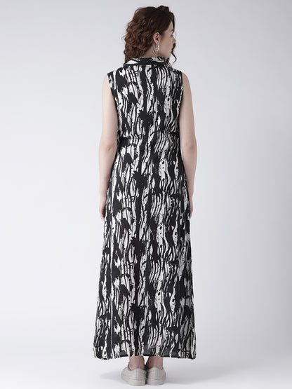 Women's Black and White Abstract Print Sleeveless Shirt Dress with Collar