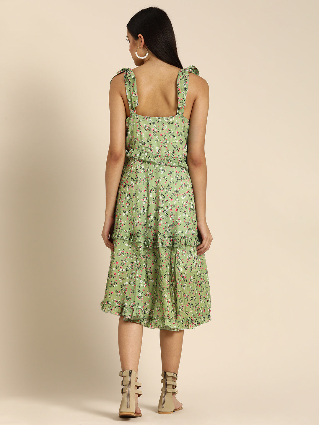 Green Floral Sleeveless Midi Dress with Tie-Up Straps-Casual Summer Wear