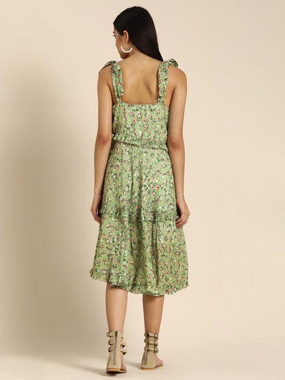 Green Floral Sleeveless Midi Dress with Tie-Up Straps-Casual Summer Wear