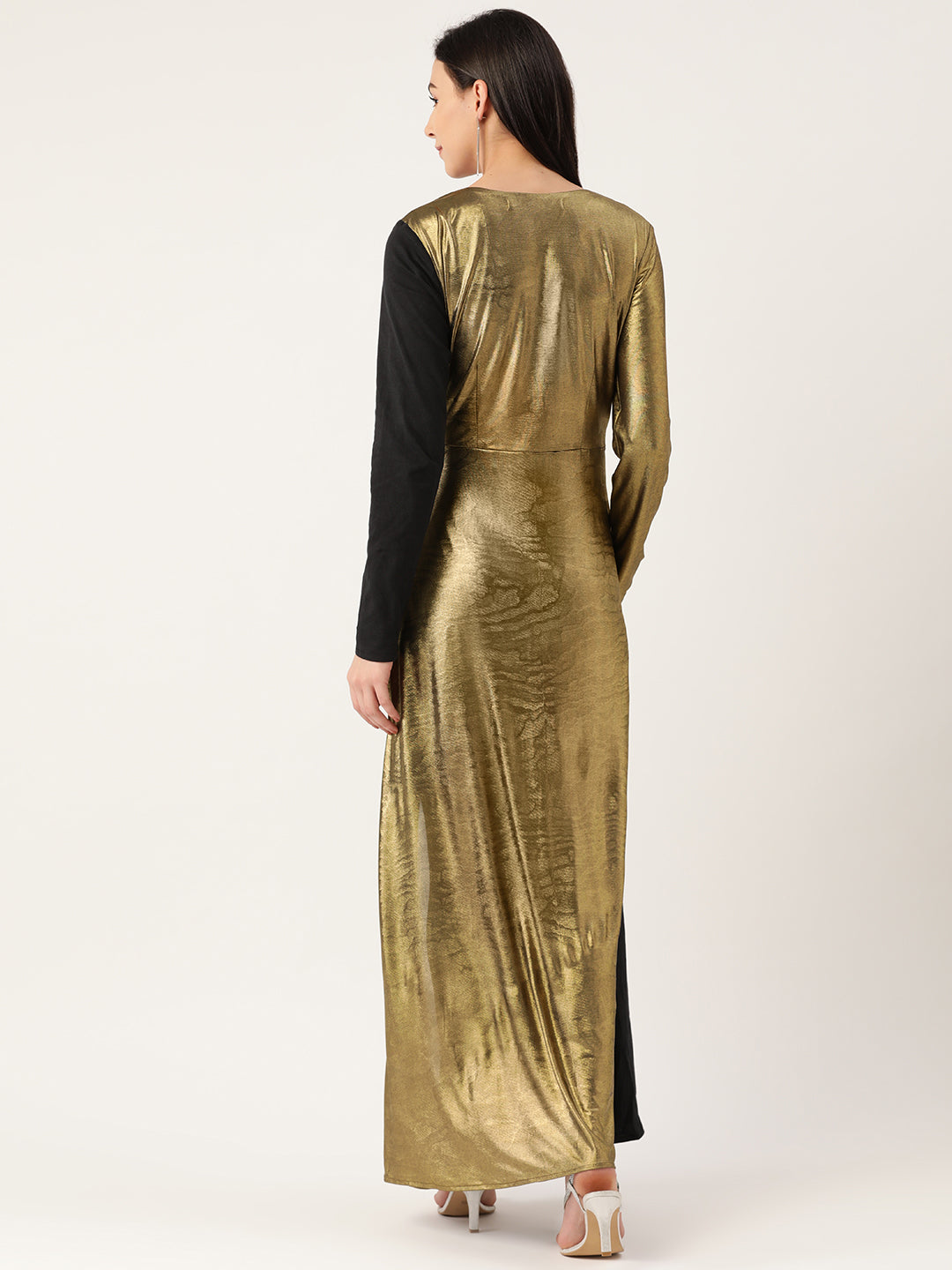 Women's Black and Gold Wrap Maxi Dress | Elegant Party Wear Gown