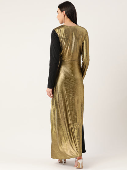 Women's Black and Gold Wrap Maxi Dress | Elegant Party Wear Gown