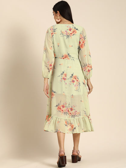 Pastel Green Floral Wrap Midi Dress with Ruffle Hem & Puff Sleeves Elegant Summer Look