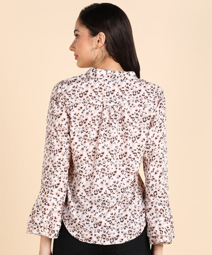 Women’s Light Pink Animal Print Shirt with Bell Sleeves – Casual & Office Wear