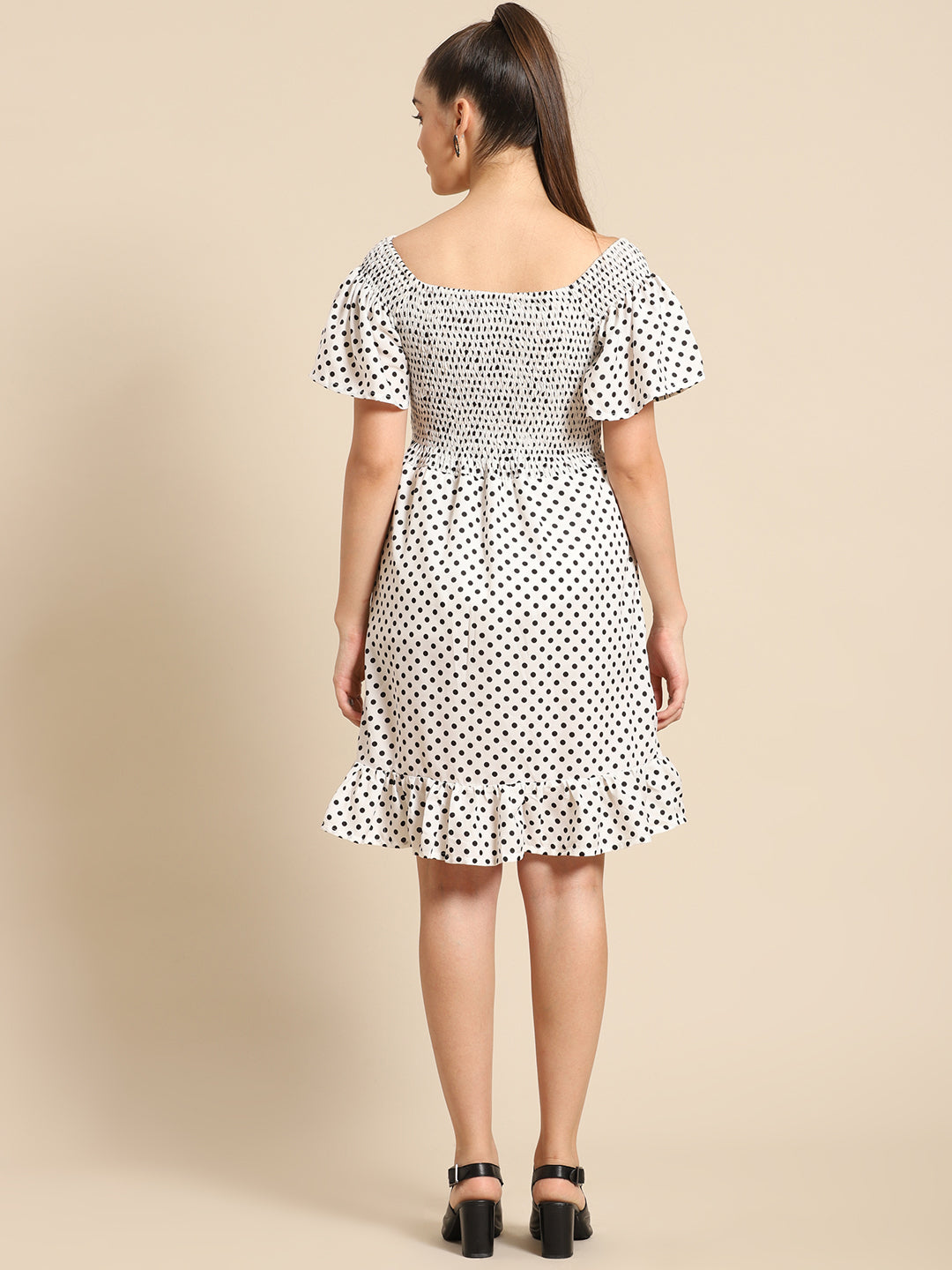 White Polka Dot Smocked Mini Dress for Women | Off Shoulder Ruffle Hem