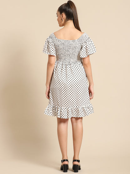 White Polka Dot Smocked Mini Dress for Women | Off Shoulder Ruffle Hem