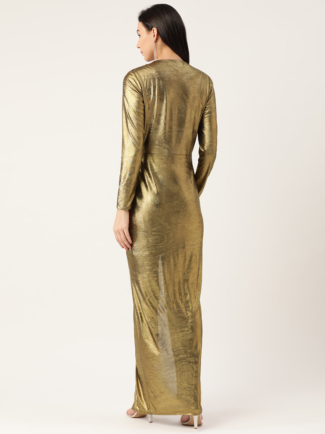 Golden Metallic Plunge Neck High Slit Evening Gown for Women