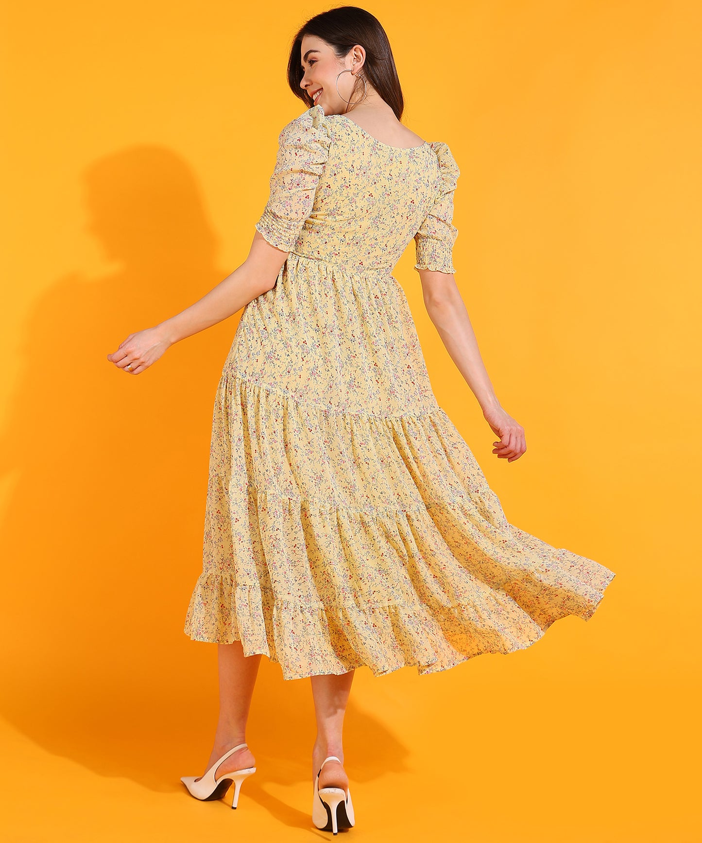Yellow Floral Midi Dress with Puff Sleeves – Casual Summer Boho Dress for Women
