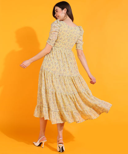 Yellow Floral Midi Dress with Puff Sleeves – Casual Summer Boho Dress for Women